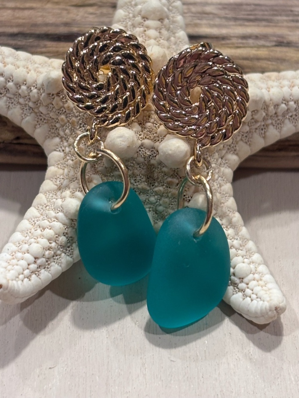 Artisan Gold-Tone Earrings with Teal Sea Glass Drops